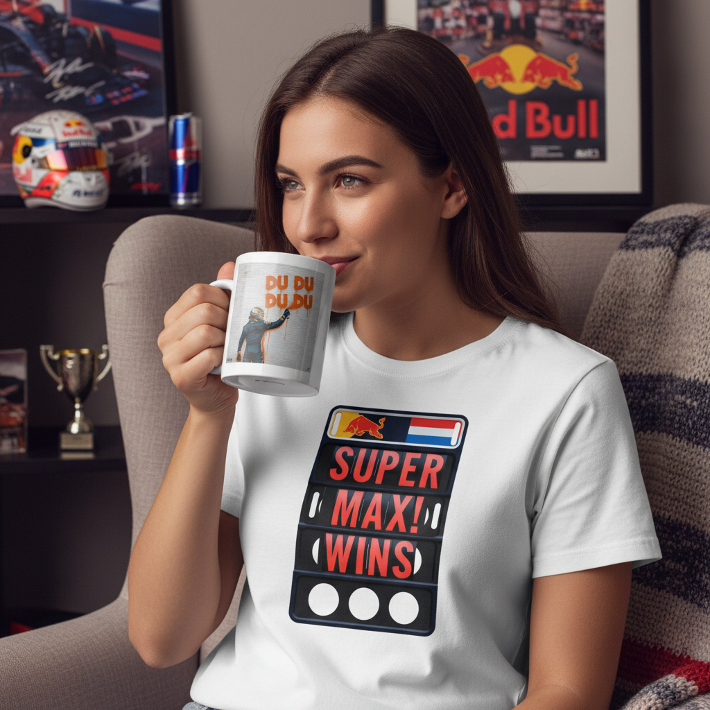Female model in SUPER MAX WINS pit board t-shirt sipping from the DU DU DU DU Graffiti Mug, with Verstappen memorabilia and F1 decor.