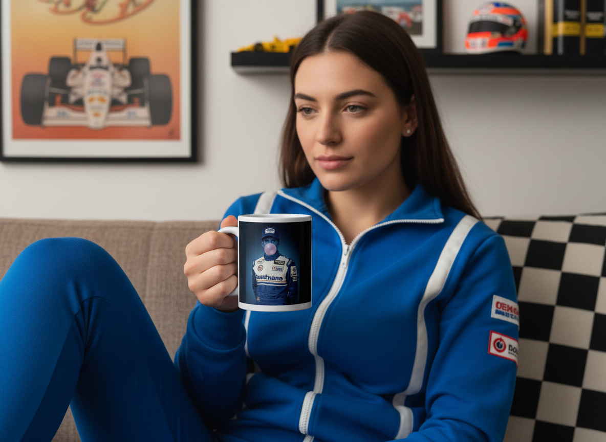 Female fan in vintage or blue homewear, enjoying a hot drink from the Damon Roadman Mug while relaxing on the sofa with classic race décor in the background.