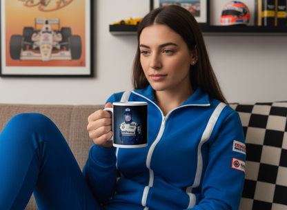Female fan in vintage or blue homewear, enjoying a hot drink from the Damon Roadman Mug while relaxing on the sofa with classic race décor in the background.
