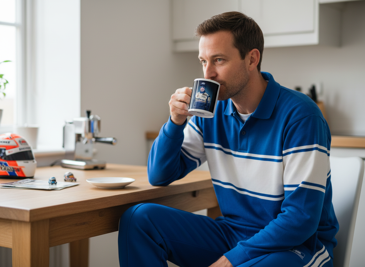 Male race fan in retro racing loungewear, drinking from the Damon Roadman Mug at home, with classic motorsport memorabilia in the background.