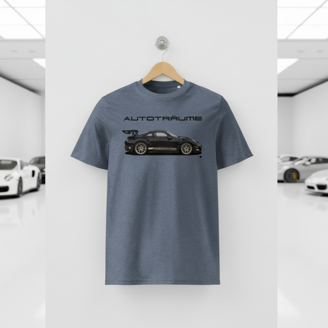 Dark heather blue AUTOTRÄUME GT3 T‑shirt with a black Porsche‑style car and gold highlights illustration hanging on a premium wooden hanger and silver wall peg against a central white wall in a bright sports car gallery, with a glossy white floor and blurred white and silver sports cars running down both sides.
