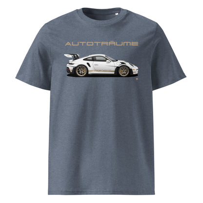 Dark Heather Blue AUTOTRÄUME GT3 RS Porsche T-Shirt with Gold Detail – Front View