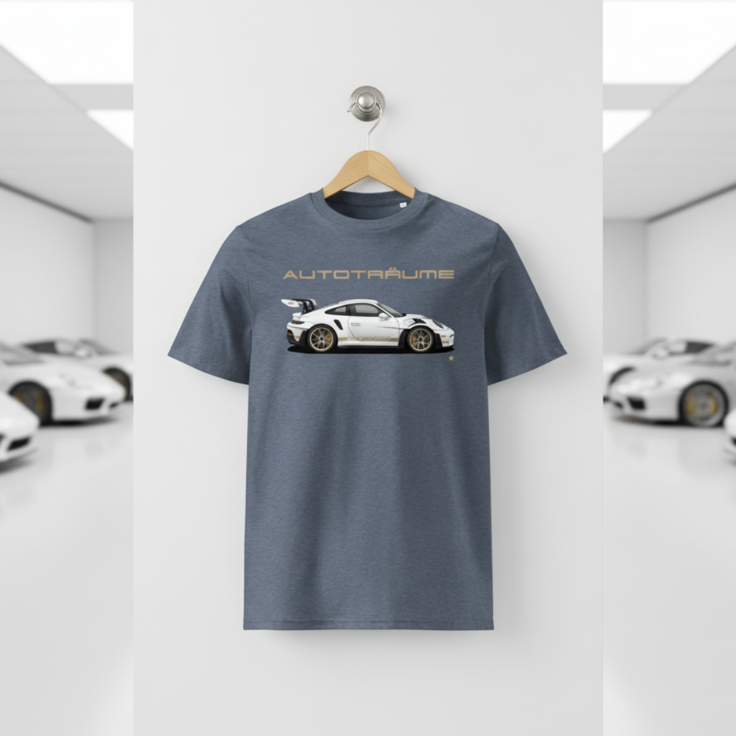 Dark heather blue unisex organic cotton AUTOTRÄUME GT3 RS T-shirt featuring a large, centred white Porsche-style GT3 RS car graphic with gold details hanging on a premium wooden hanger with a silver wall peg against a clean white wall panel in a bright modern sports car gallery with glossy floors and blurred white and silver sports cars on both sides.
