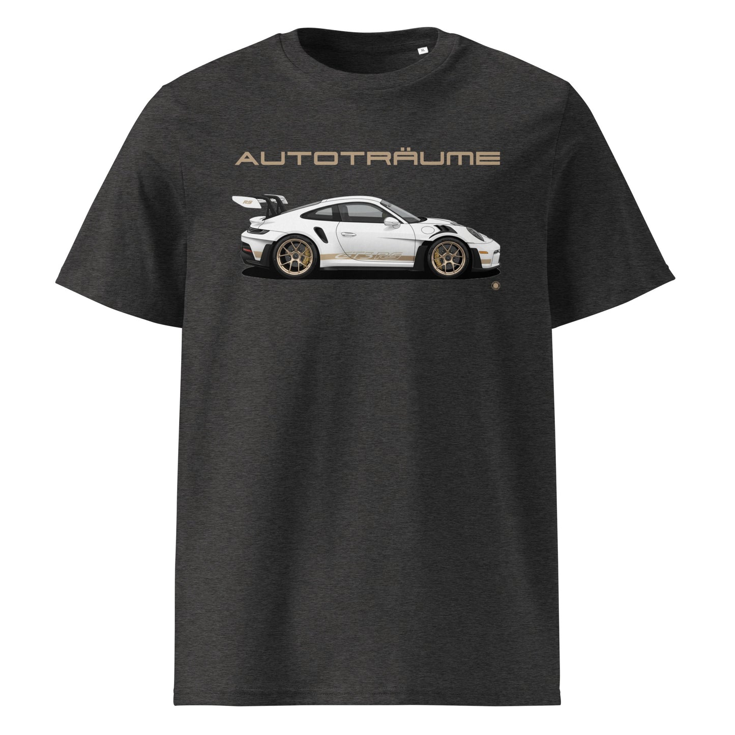 Dark Heather Grey AUTOTRÄUME Porsche GT3 RS T-Shirt with Gold Detail Front View.