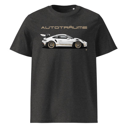 Dark Heather Grey AUTOTRÄUME Porsche GT3 RS T-Shirt with Gold Detail Front View.