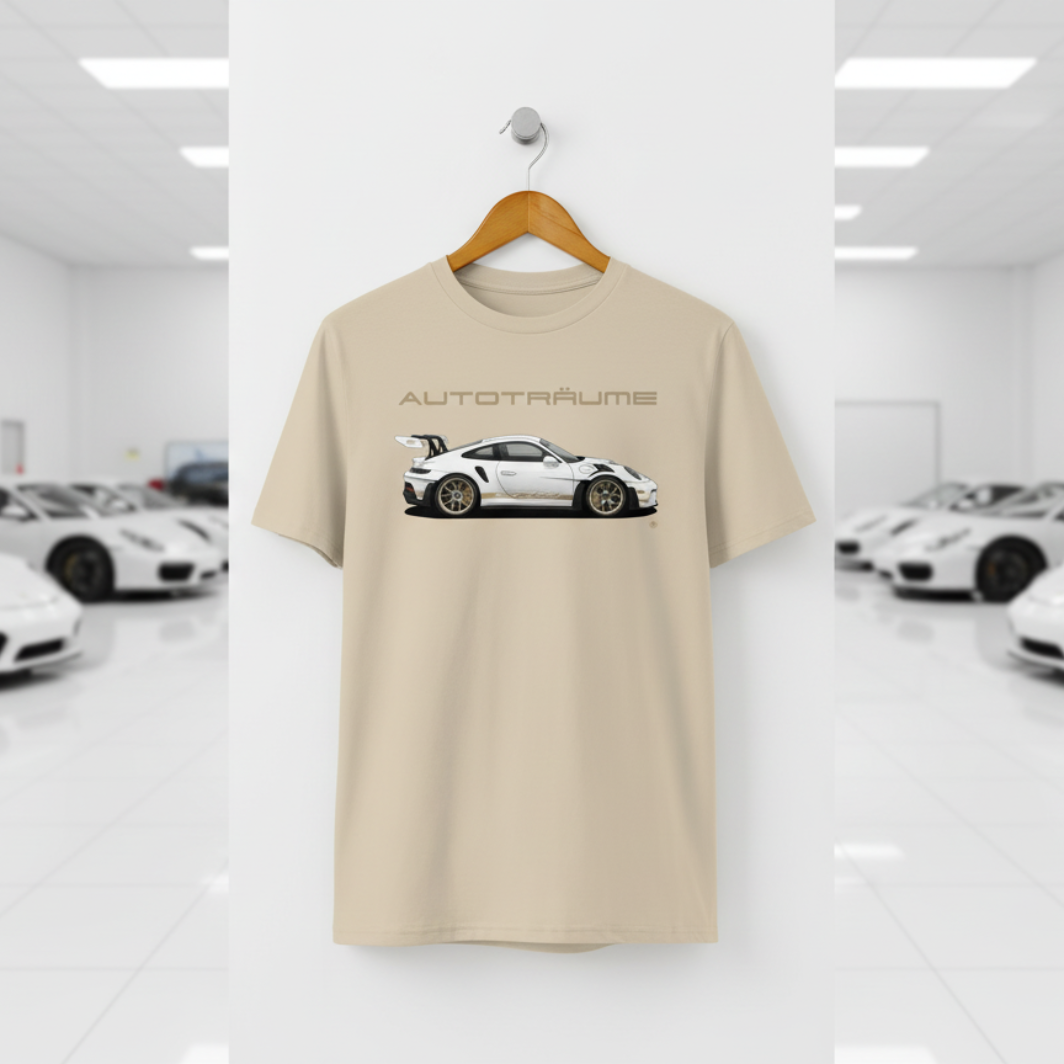 Desert Dust unisex organic cotton AUTOTRÄUME GT3 RS T-shirt featuring a large, centred white Porsche-style GT3 RS car graphic with gold details hanging on a premium wooden hanger with a silver wall peg against a clean white wall panel in a bright modern sports car gallery with glossy floors and blurred white and silver sports cars on both sides.