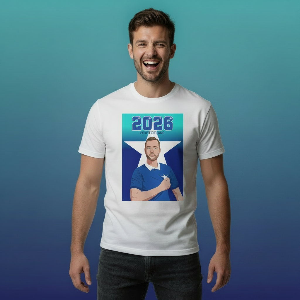 Man wearing a white st mary's rubgy t-shirt with a graphic of a Connor Dean in a St Mary's rubgy jersey and the year 2026 on a gradient blue background