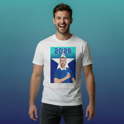 Man wearing a white st mary's rubgy t-shirt with a graphic of a Connor Dean in a St Mary's rubgy jersey and the year 2026 on a gradient blue background