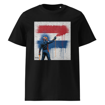Black organic cotton t-shirt with Dutch Flag graffiti art design, featuring a driver spray painting the Dutch flag on a brick wall. Perfect for race fans.
