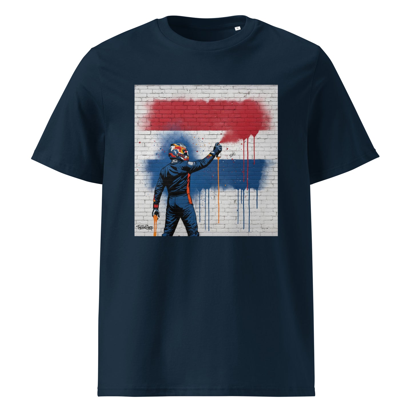 French Navy organic cotton t-shirt with Dutch Flag graffiti art design, featuring a race driver spray painting the Dutch flag on a brick wall. Perfect for race fans.