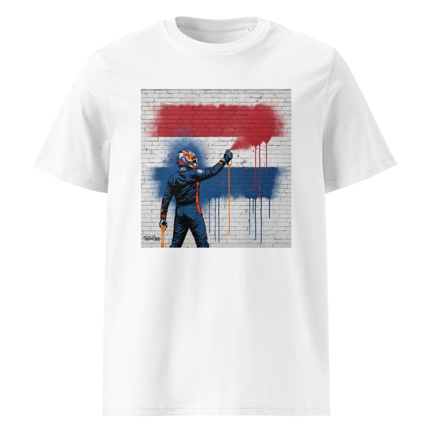 White organic cotton t-shirt with Dutch Flag graffiti art design, featuring a driver spray painting the Dutch flag on a brick wall. Perfect for race fans.