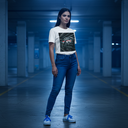 Female model wearing a white ECTO 1 Pitstop Car Meet T‑Shirt, blue high‑waisted jeans and white trainers with blue laces, standing three‑quarter to camera in an underground car park with blue lighting, graphic clearly visible.