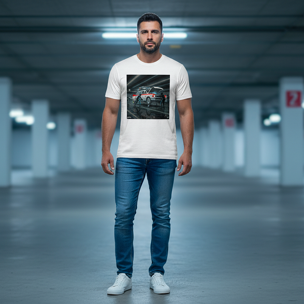 Male model wearing a white ECTO 1 Pitstop Car Meet T‑Shirt with a futuristic ambulance-style car pit stop graphic, blue jeans and white trainers, standing in an underground car park with cool blue lighting.