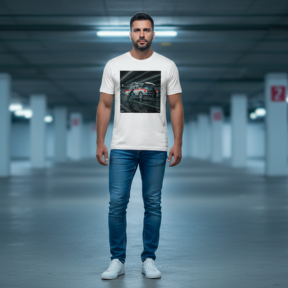 Male model wearing a white ECTO 1 Pitstop Car Meet T‑Shirt with a futuristic ambulance-style car pit stop graphic, blue jeans and white trainers, standing in an underground car park with cool blue lighting.
