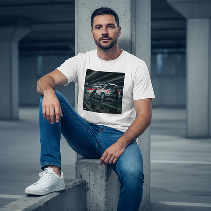 Male model in a white ECTO 1 Pitstop Car Meet T‑Shirt, blue jeans and white trainers, seated on a concrete barrier in a blue-lit underground car park, with the chest graphic shown in sharp detail.
