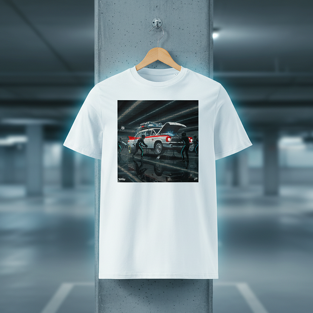 White ECTO 1 Pitstop Car Meet T‑Shirt with a futuristic ambulance-style car pit stop graphic hanging on a wooden hanger in an underground car park, with concrete background and cool blue lighting.