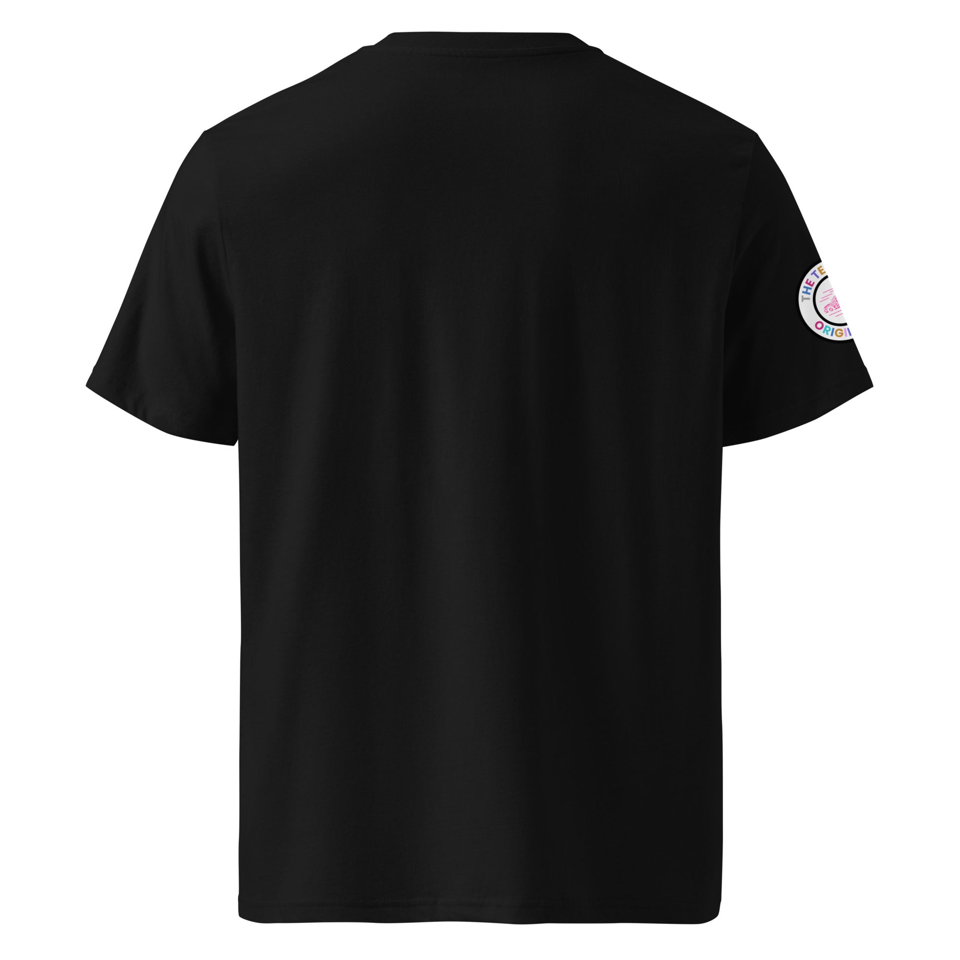 Back view of black unisex t-shirt with plain design. No rear print, highlighting the multi-colour front slogan and unique race car logo on the sleeve. DTF print, perfect for car meet and motorsport fans.