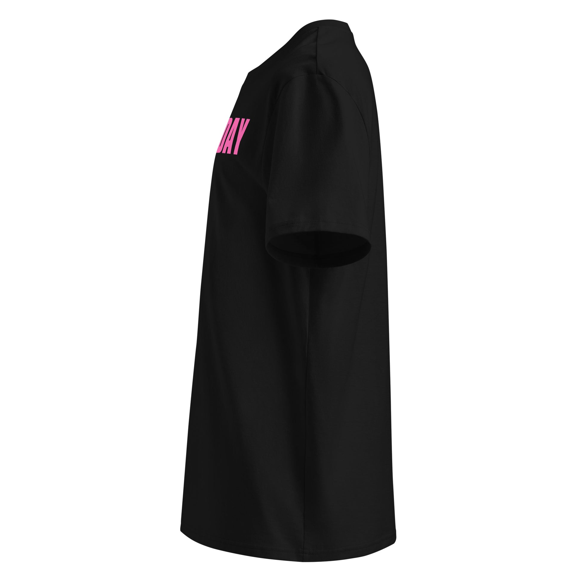 Left side view of black unisex t-shirt, plain sleeve, visible side of the pink “EVERY DAY IS A TRACK DAY” chest print. Minimalist, car meet fan style.