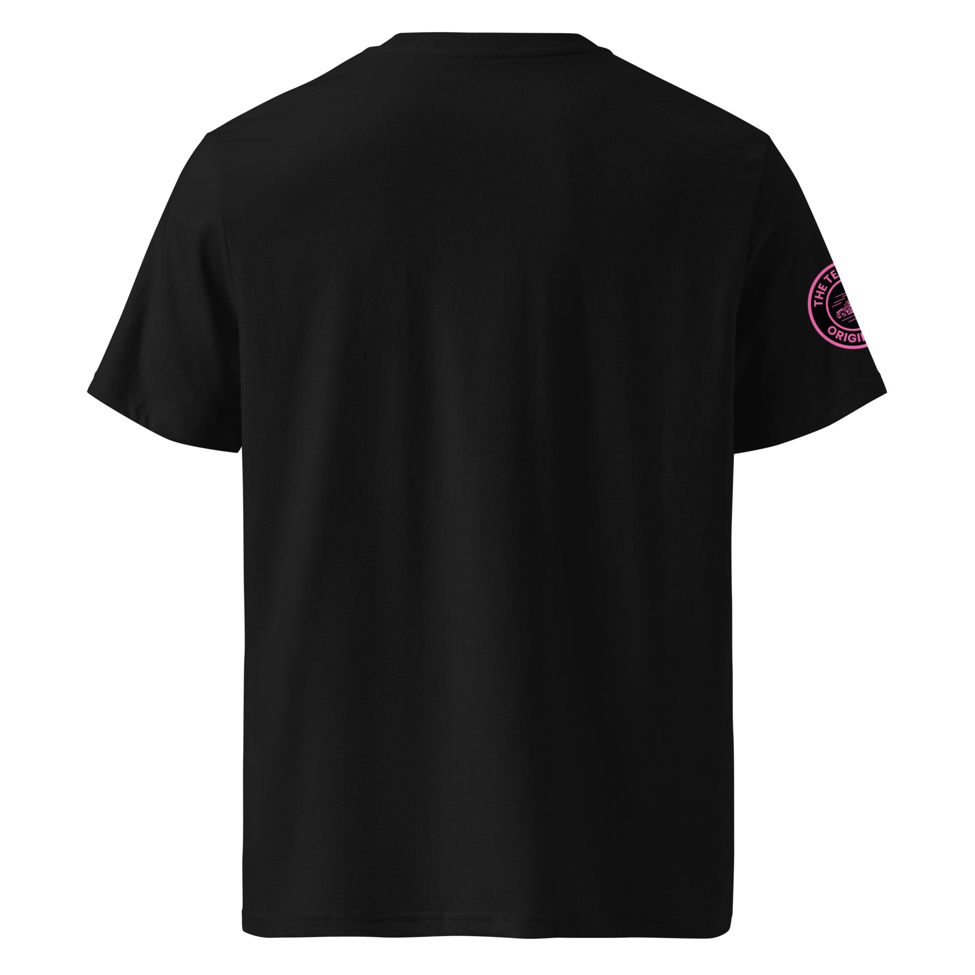 Back view of black unisex t-shirt with plain design. No rear print, highlighting the bold front pink slogan and unique race car logo on the sleeve. DTF print, perfect for car meet and motorsport fans.