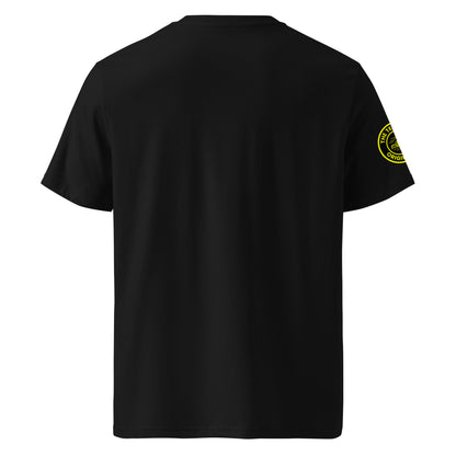 Back view of black unisex t-shirt with plain design. No rear print, highlighting the bold front yellow slogan and unique race car logo on the sleeve. DTF print, perfect for car meet and motorsport fans.

