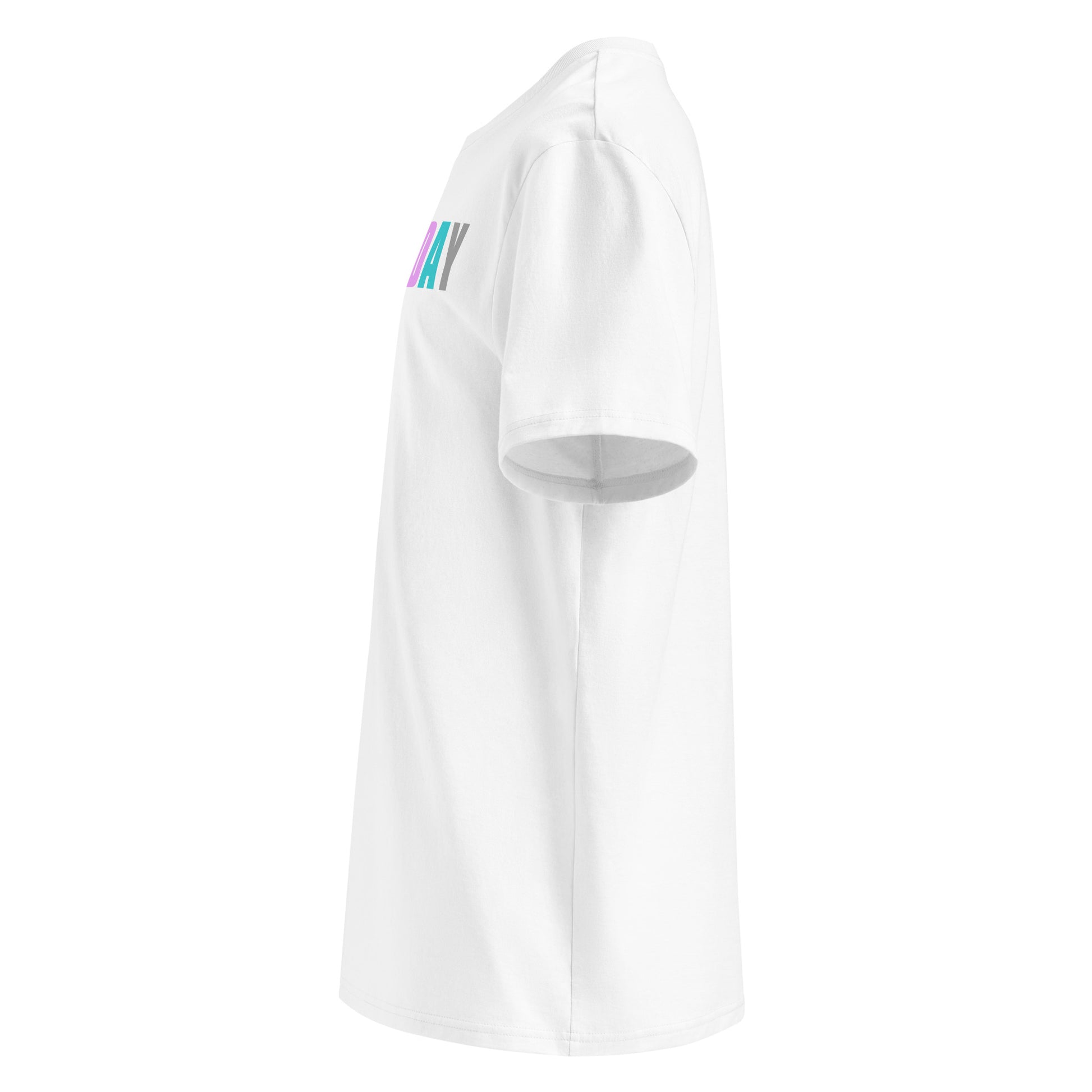 Left side view of white unisex t-shirt, plain sleeve, visible side of the colourful “EVERY DAY IS A TRACK DAY” chest print. Minimalist, car meet fan style.
