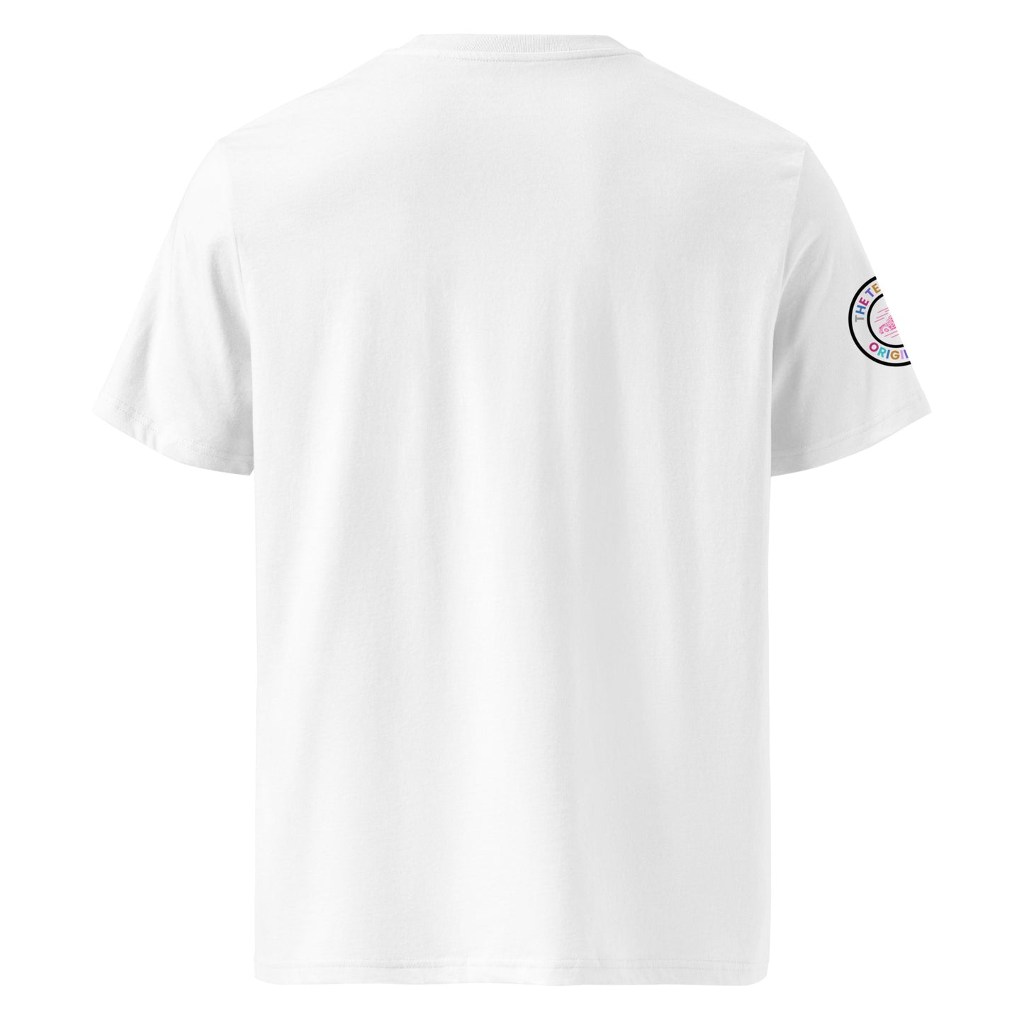 Back view of white unisex t-shirt with plain design. No rear print, highlighting the multi-colour front slogan and unique race car logo on the sleeve. DTF print, perfect for car meet and motorsport fans.