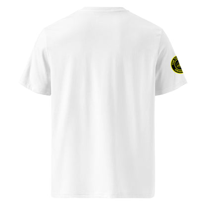 Back view of white unisex t-shirt with plain design. No rear print, highlighting the bold front yellow slogan and unique race car logo on the sleeve. DTF print, perfect for car meet and motorsport fans.