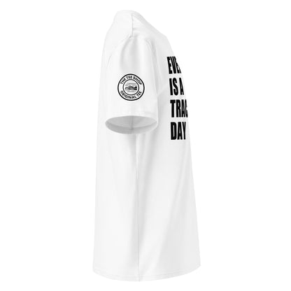 See the right view of the "EVERY DAY IS A TRACK DAY" White T-Shirt, featuring TheTeeShop logo. Ideal for car meets and automotive events!