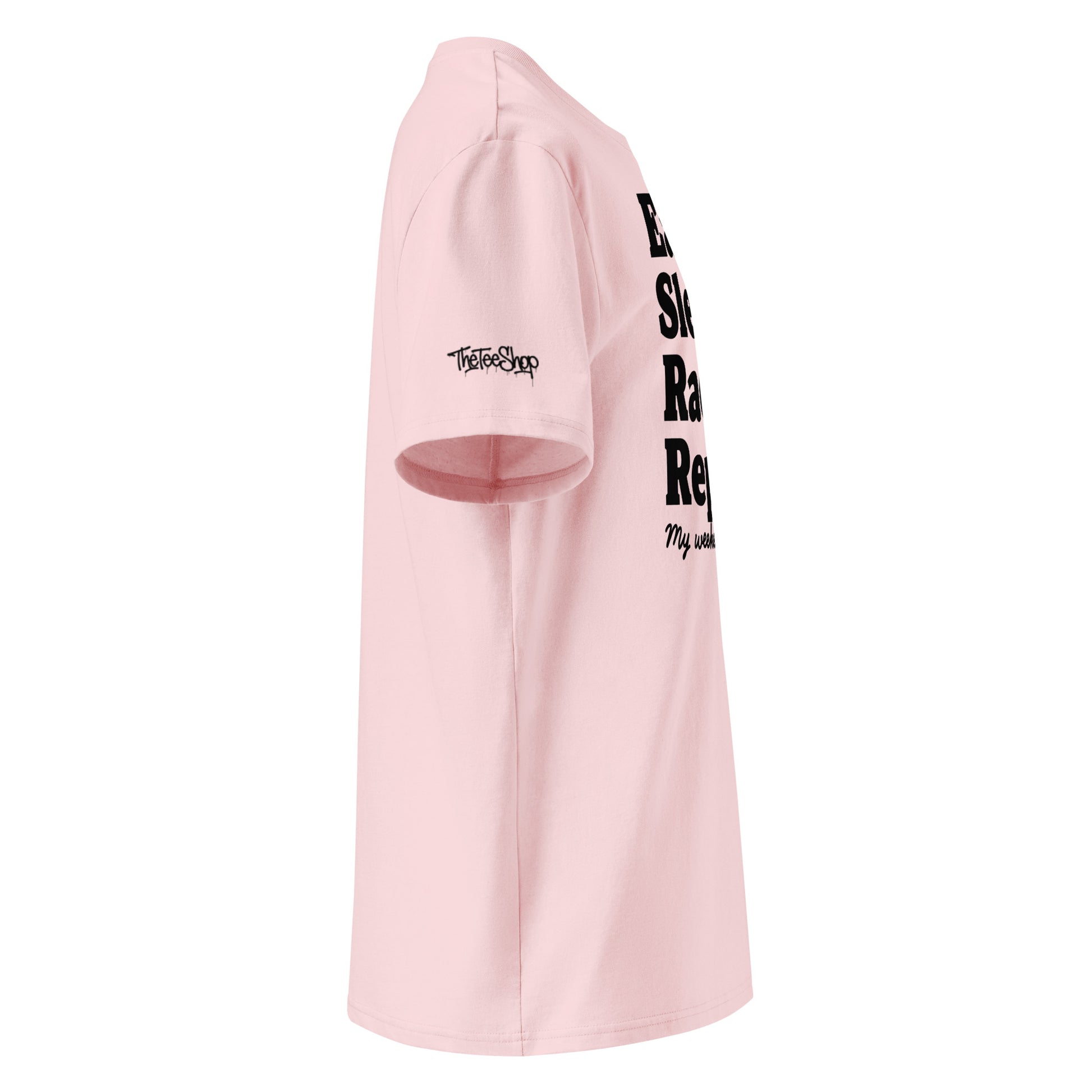 Right side view of cotton pink unisex organic cotton T-shirt with black Eat Sleep Race Repeat slogan and TheTeeShop logo on sleeve