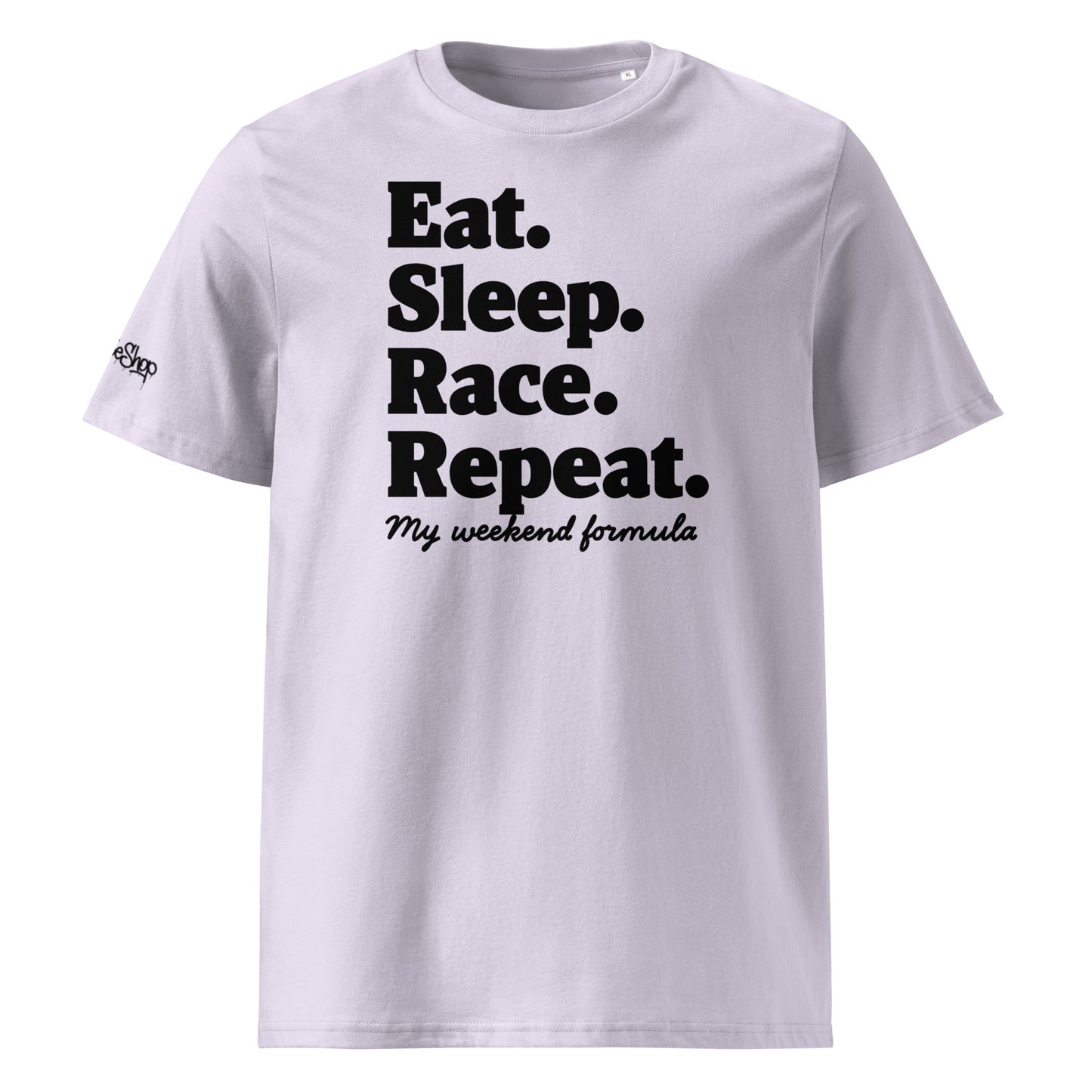 Front view of lavander unisex organic cotton T-shirt with black “Eat. Sleep. Race. Repeat.” slogan and “my weekend formula” text by TheTeeShop