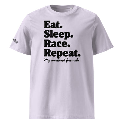 Front view of lavander unisex organic cotton T-shirt with black “Eat. Sleep. Race. Repeat.” slogan and “my weekend formula” text by TheTeeShop
