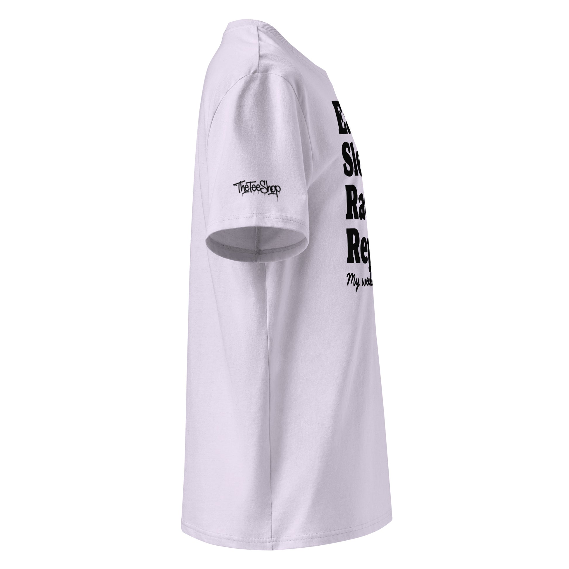 Right side view of lavender unisex organic cotton T-shirt with black Eat Sleep Race Repeat slogan and TheTeeShop logo on sleeve