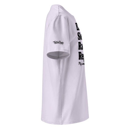 Right side view of lavender unisex organic cotton T-shirt with black Eat Sleep Race Repeat slogan and TheTeeShop logo on sleeve