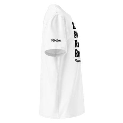 Right side view of white unisex organic cotton T-shirt with black Eat Sleep Race Repeat slogan and TheTeeShop logo on sleeve