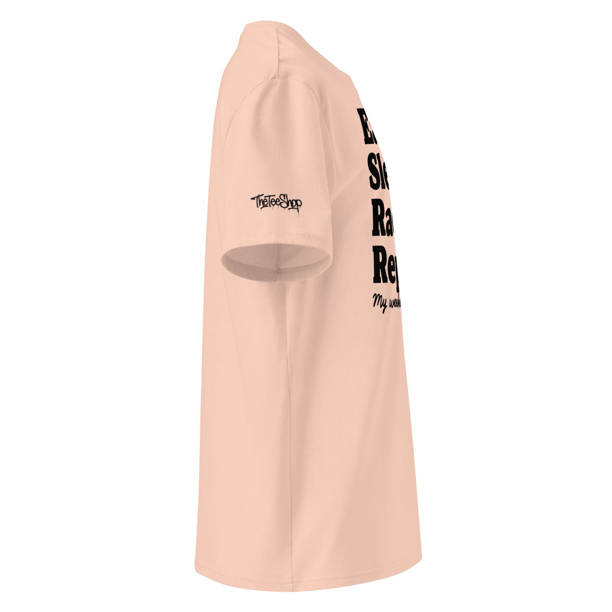 Right side view of fraiche peche unisex organic cotton T-shirt with black Eat Sleep Race Repeat slogan and TheTeeShop logo on sleeve.