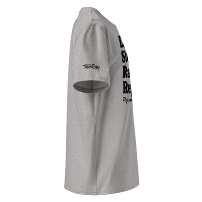 Right side view of grey unisex organic cotton T-shirt with black Eat Sleep Race Repeat slogan and TheTeeShop logo on sleeve
