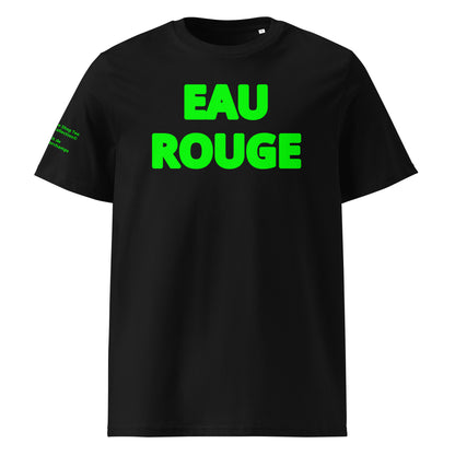 Front view of the Eau Rouge Black T-Shirt with green Flo Viz, showcasing a bold design inspired by Spa-Francorchamps.