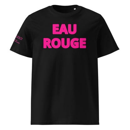 Front view of the Eau Rouge Black T-Shirt with pink Flo Viz, celebrating the legendary Spa-Francorchamps corner.