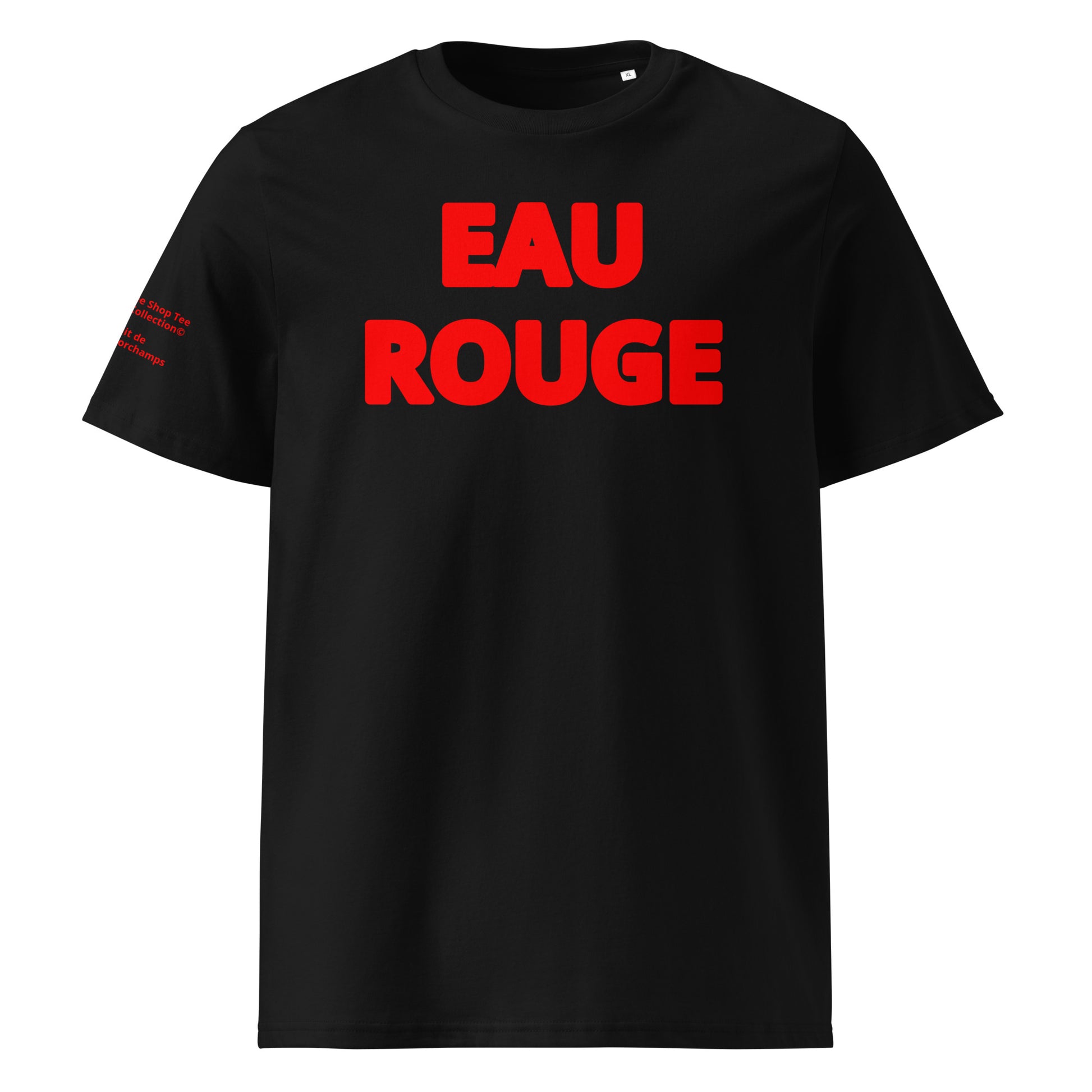 Front view of the Eau Rouge Black T-Shirt with red Flo Viz, inspired by the iconic Spa corner.