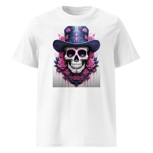 Front view of El Jefe Calavera Tee featuring a blue and pink skull in a top hat surrounded by pink roses, inspired by Alpine F1 team colours.