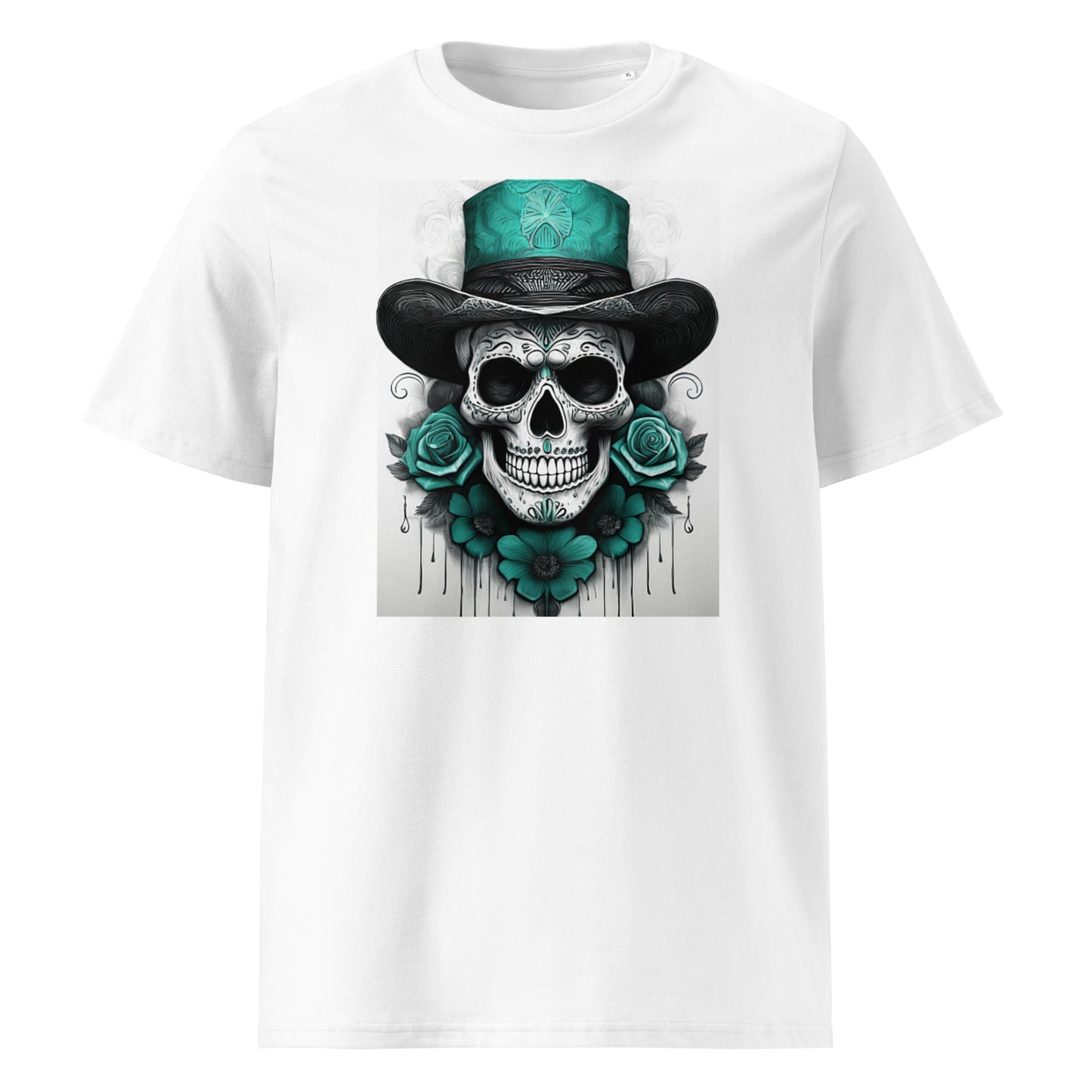 Front view of El Jefe Calavera Tee featuring a teal and black skull in a top hat surrounded by teal roses, inspired by Aston Martin F1 team colours.