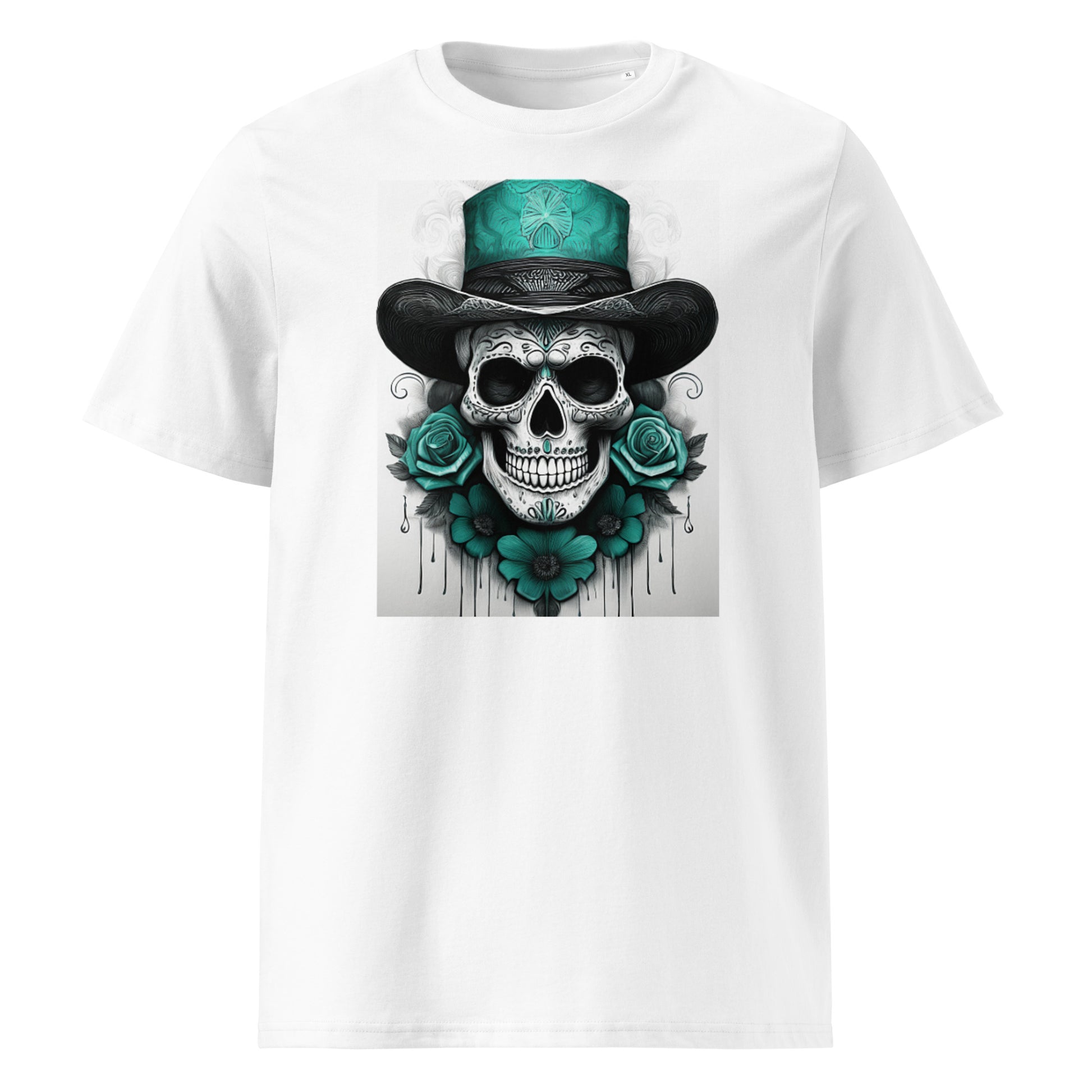 Front view of El Jefe Calavera Tee featuring a teal and black skull in a top hat surrounded by teal roses, inspired by Aston Martin F1 team colours.