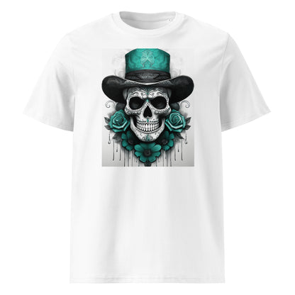 Front view of El Jefe Calavera Tee featuring a teal and black skull in a top hat surrounded by teal roses, inspired by Aston Martin F1 team colours.