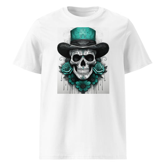 Front view of El Jefe Calavera Tee featuring a teal and black skull in a top hat surrounded by teal roses, inspired by Aston Martin F1 team colours.