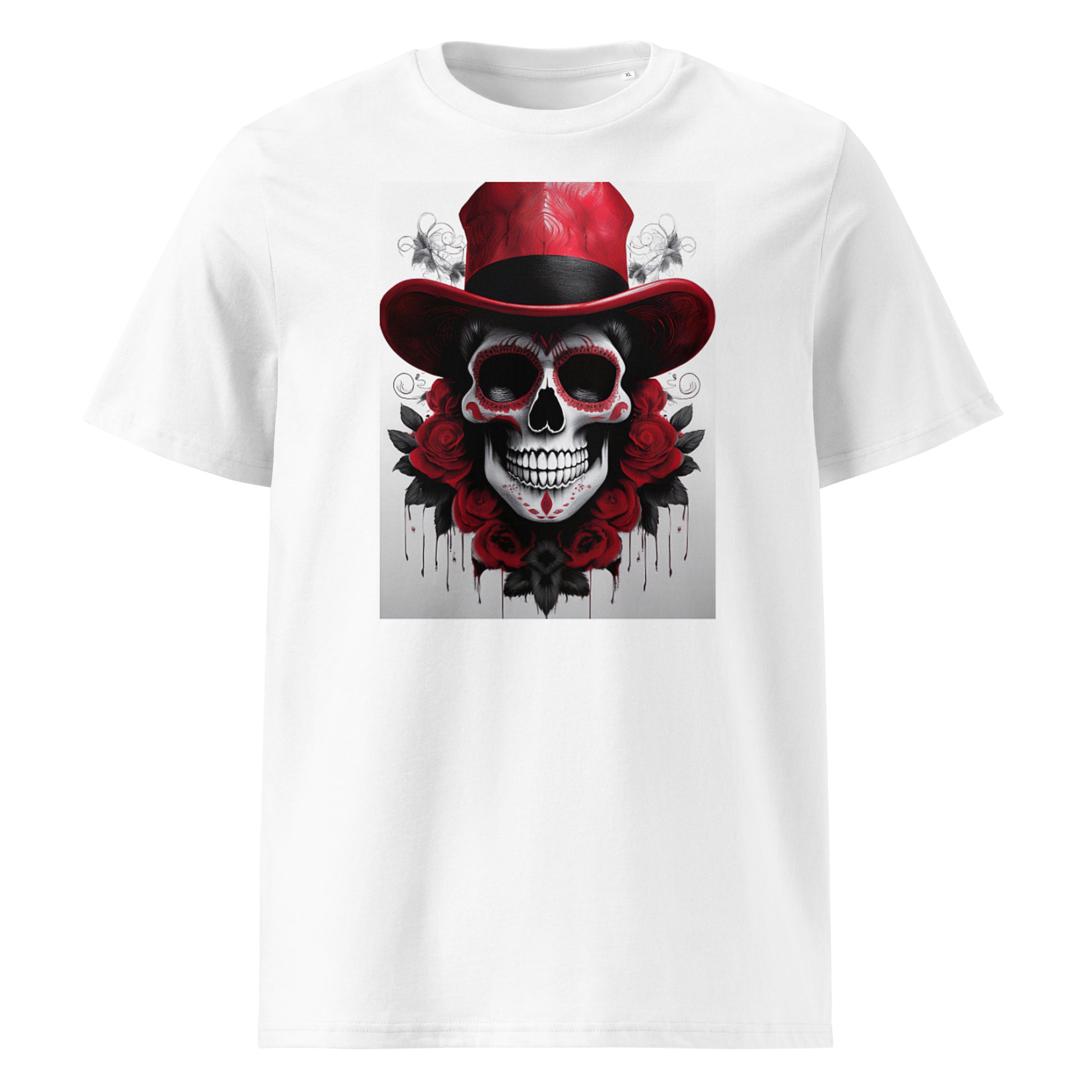 Front view of El Jefe Calavera Tee featuring a red and black skull in a red top hat surrounded by red roses, inspired by Ferrari F1 team colours.