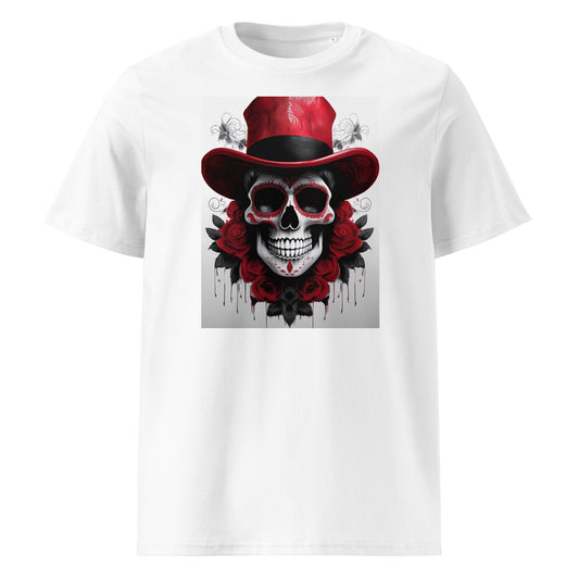 Front view of El Jefe Calavera Tee featuring a red and black skull in a red top hat surrounded by red roses, inspired by Ferrari F1 team colours.