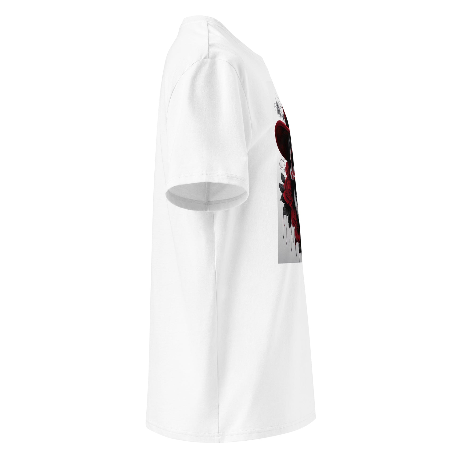 Right side angle of El Jefe Calavera Tee showing clean sleeve without logo and detailed red top hat skull design.