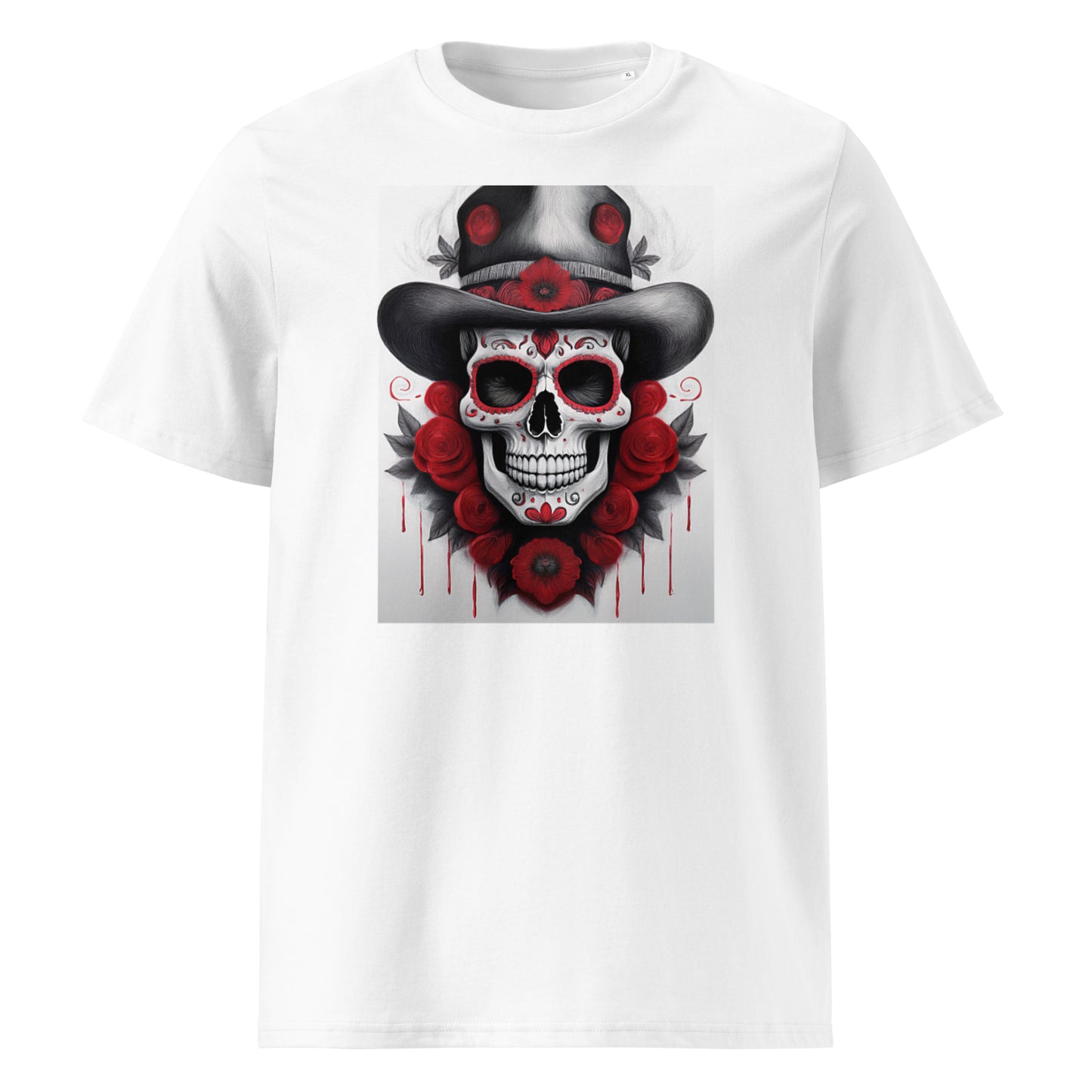 Front view of El Jefe Calavera Tee featuring a red and black skull in a top hat surrounded by red roses, inspired by Haas F1 team colours.