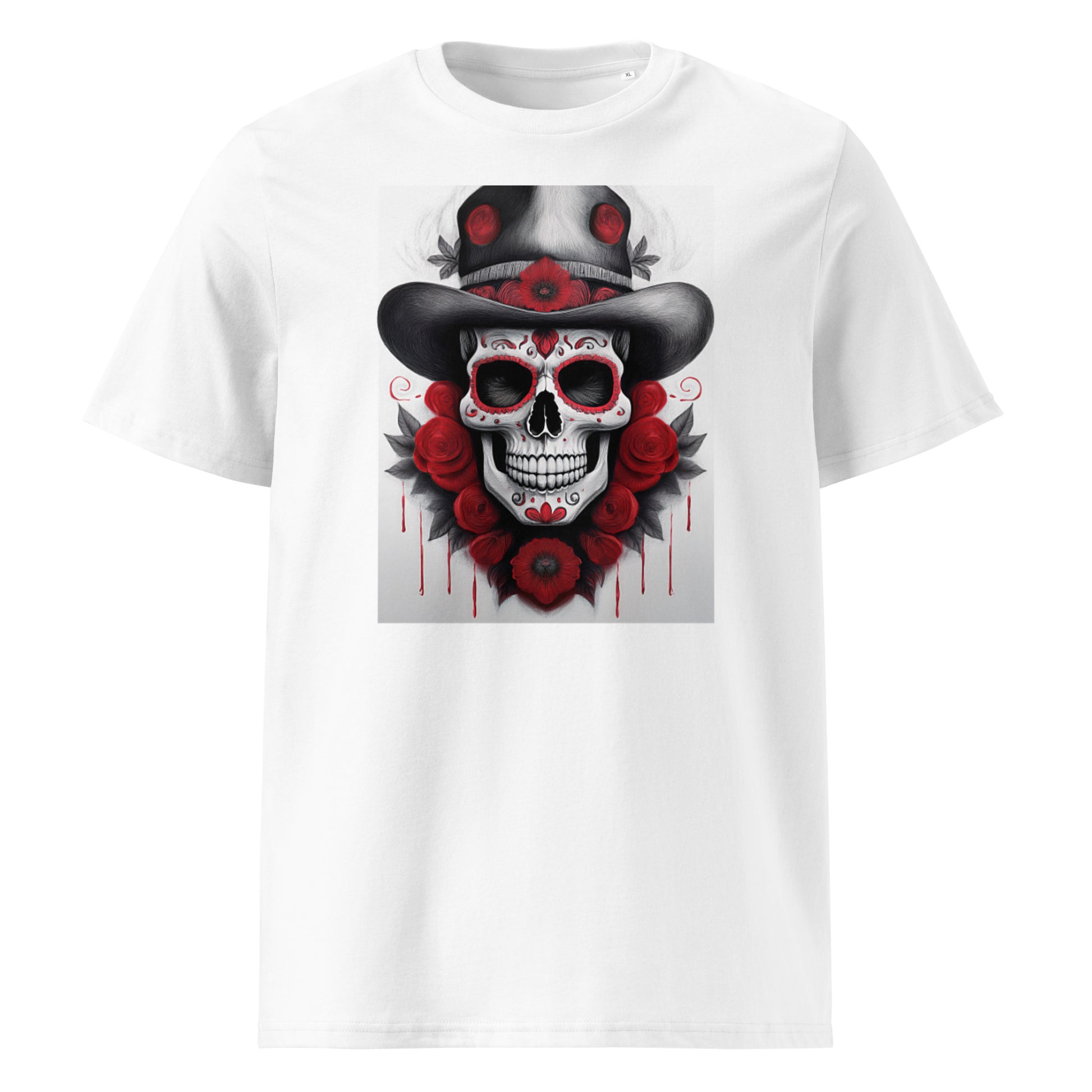Front view of El Jefe Calavera Tee featuring a red and black skull in a top hat surrounded by red roses, inspired by Haas F1 team colours.