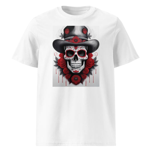 Front view of El Jefe Calavera Tee featuring a red and black skull in a top hat surrounded by red roses, inspired by Haas F1 team colours.
